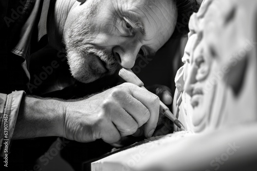 Close up of a craftsman carving a marble sculpture in his workshop
