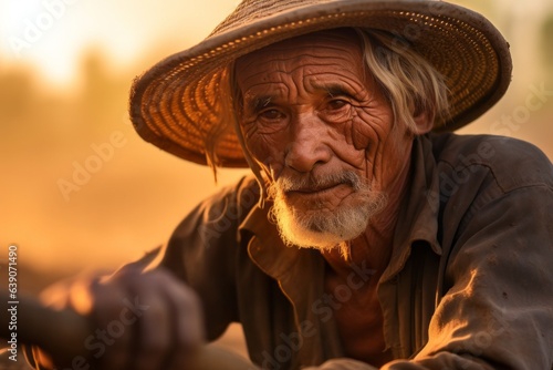 Portrait of an old farmer working in the field at sunset.