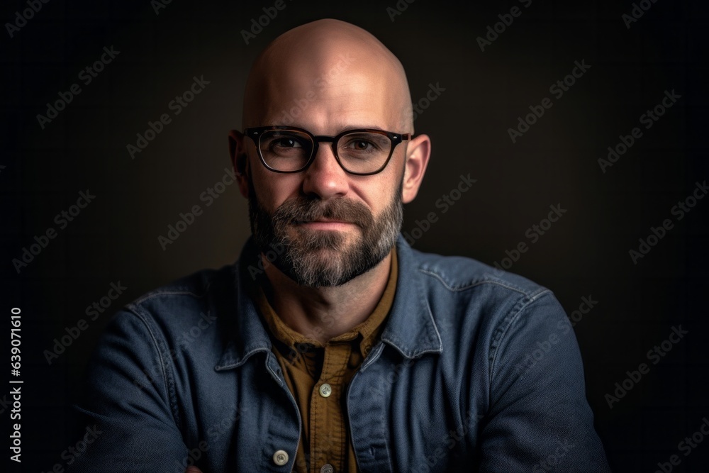 Fototapeta premium Portrait of a bald man with glasses on a dark background.