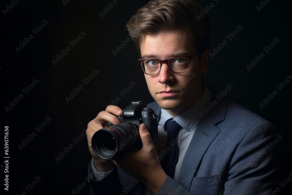 Portrait of a handsome young photographer with a camera on black background Portrait of a handsome young photographer with a camera on black background