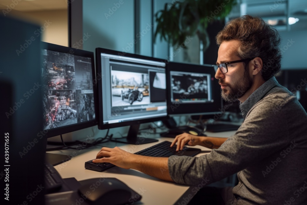 Side view of concentrated young man in eyeglasses using computer in office Side view of concentrated young man in eyeglasses using computer in office