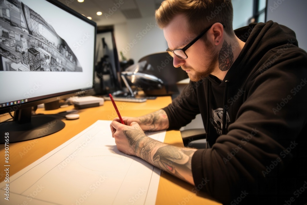 Young tattooed designer sitting at his desk in front of computer screen and drawing sketches.