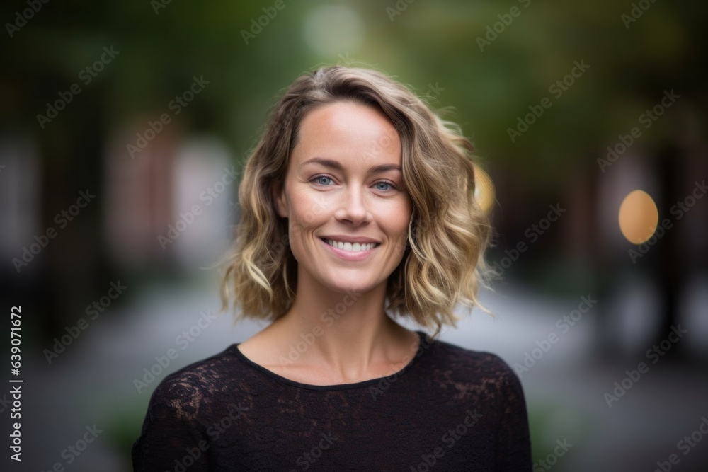 Portrait of smiling businesswoman standing in the street at office building Portrait of smiling businesswoman standing in the street at office building