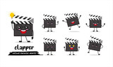 cute clapper board cartoon with many expressions. slate board different activity pose vector illustration flat design set.