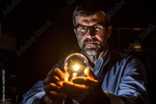 Portrait of a bearded man holding a crystal ball at night. © Anne Schaum