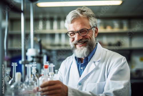 Portrait of senior male scientist working in laboratory. He is looking at camera and smiling. Science concept