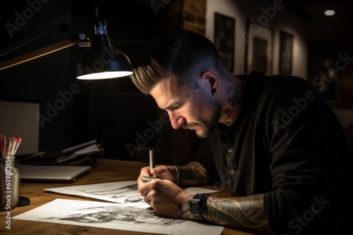 Tattooed designer working on sketches at night in his office