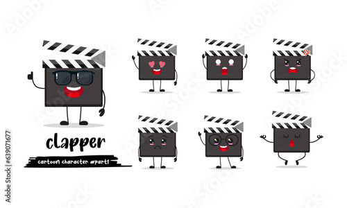 cute clapper board cartoon with many expressions. slate board different activity pose vector illustration flat design set with sunglasses.