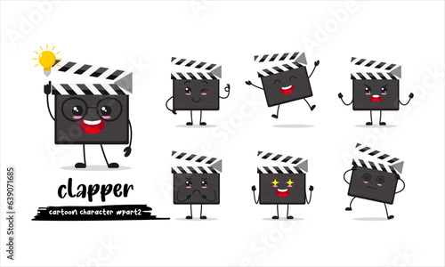 cute clapper board cartoon with many expressions. slate board different activity pose vector illustration flat design set.