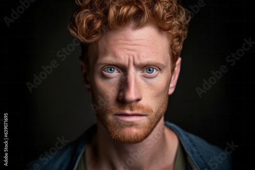 Portrait of a redhead man looking at the camera with a serious expression