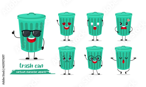 cute trash can cartoon with many expressions. dustbin different activity pose vector illustration flat design set with sunglasses.