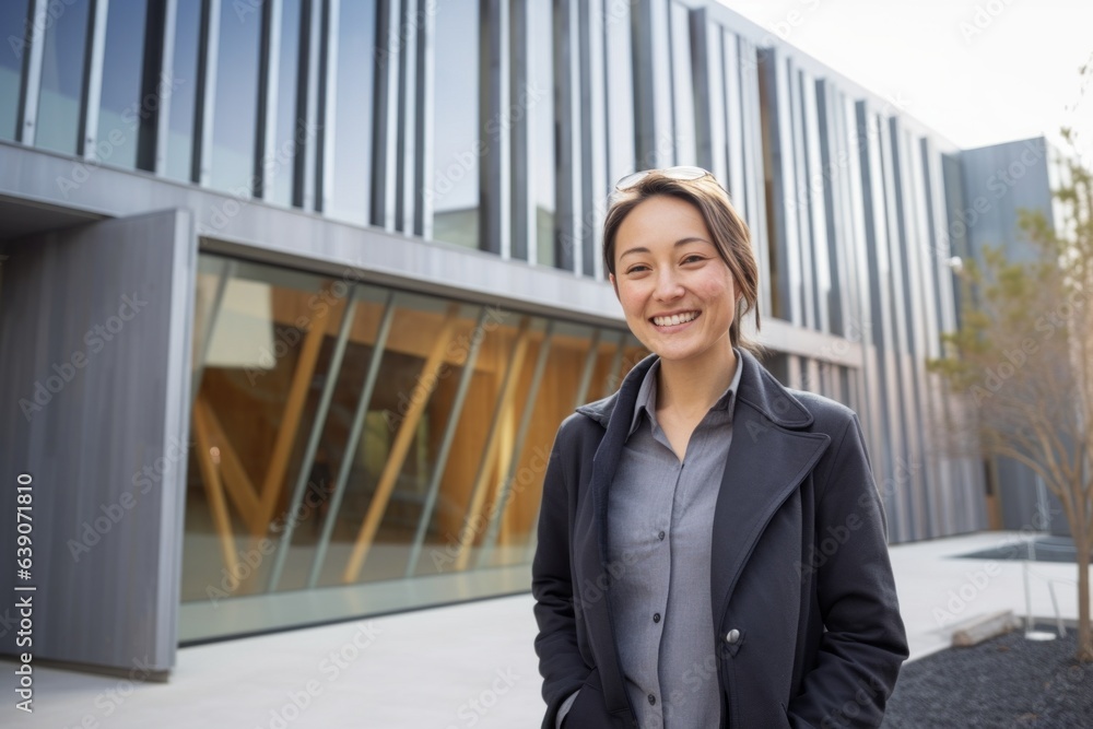 Group portrait photography of a female architect smiling in front of a contemporary architecture building Group portrait photography of a female architect smiling in front of a contemporary architecture building