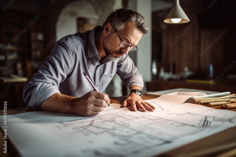 Architect working on blueprint at his desk in his office. Architect concept. Architect working on blueprint at his desk in his office. Architect concept.