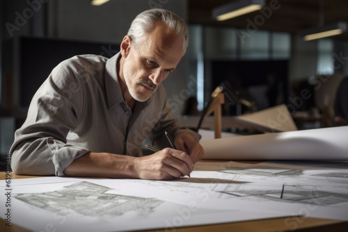 Architect working on blueprint at office desk, he is sitting at table and drawing sketches