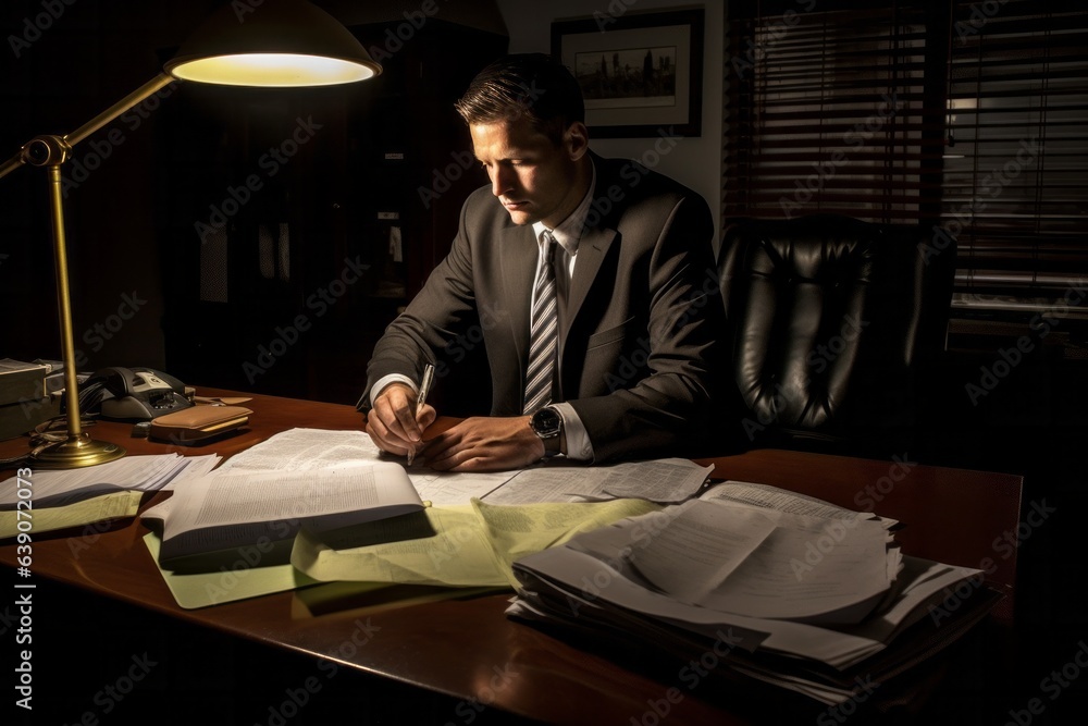 Businessman working late at night at his desk in a dark office