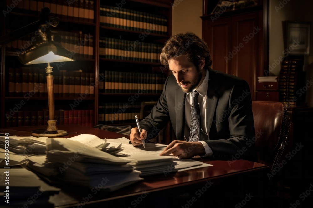 Lawyer working on documents in his office. Law and justice concept.