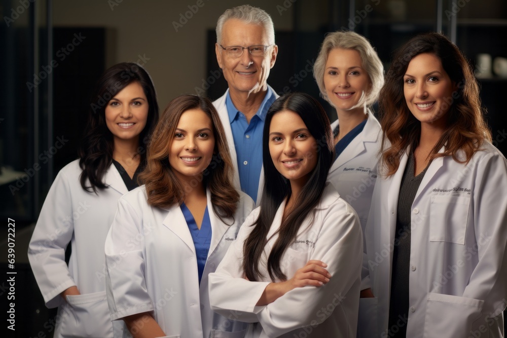 group of smiling doctors in white coats standing together and looking at camera group of smiling doctors in white coats standing together and looking at camera