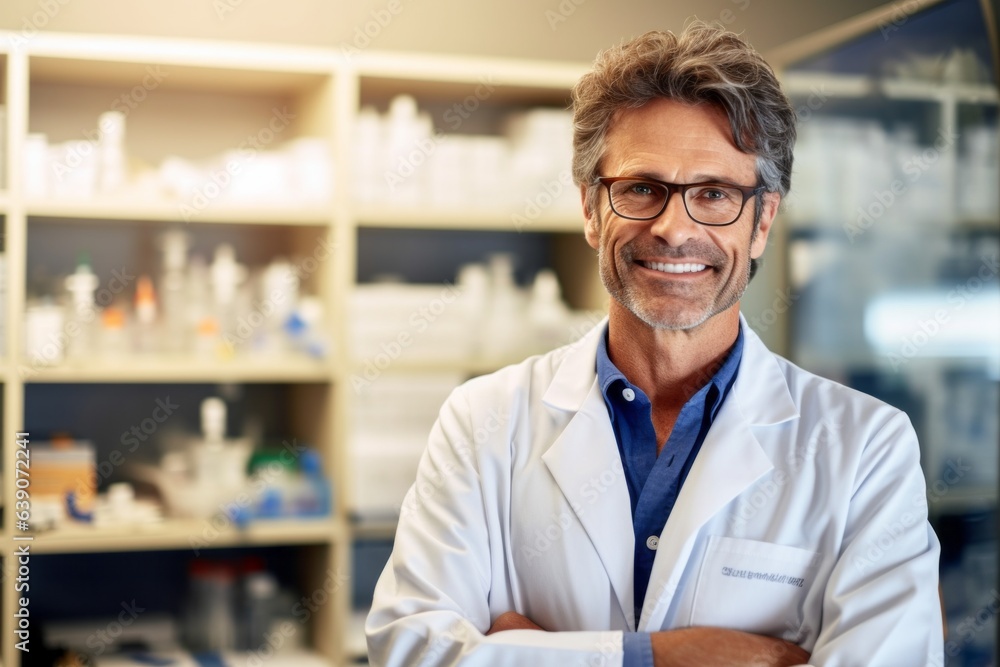 Portrait of smiling mature male pharmacist standing with arms crossed in drugstore Portrait of smiling mature male pharmacist standing with arms crossed in drugstore