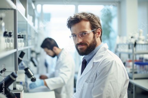 Serious young male scientist looking at camera while working in the laboratory