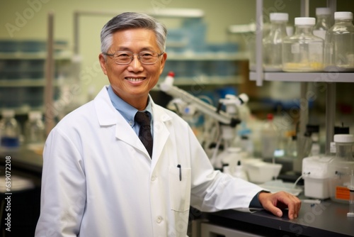 asian senior male scientist working in a laboratory, looking at camera