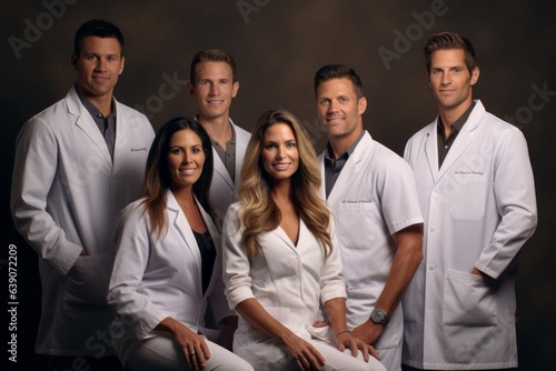 Portrait of a group of doctors in white coats smiling at the camera