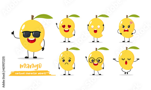 cute mango cartoon with many expressions. fruit different activity pose vector illustration flat design set with sunglasses.
