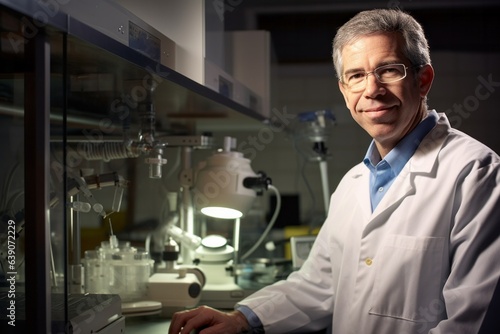 Portrait of a senior male scientist working in a lab and smiling