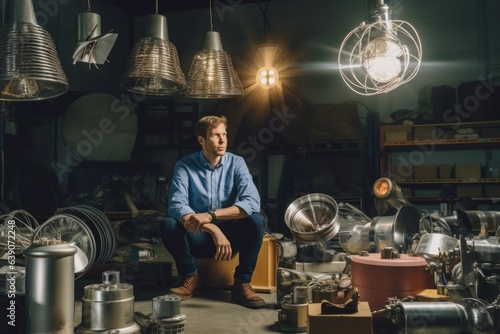 Portrait of a man in a blue shirt sitting on the floor in the workshop