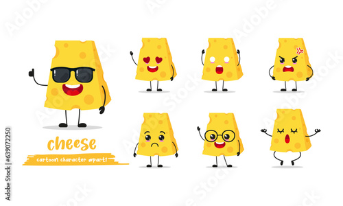 cute cheese cartoon with many expressions. cheese different activity pose vector illustration flat design set with sunglasses.