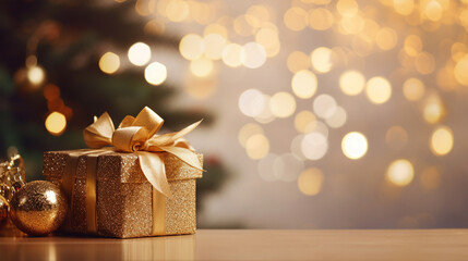 gift box on table with blur Christmas tree and golden festive bokeh light background for special holiday