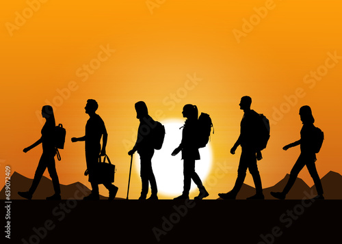 Immigration. Silhouettes of people walking outdoors at sunset, illustration