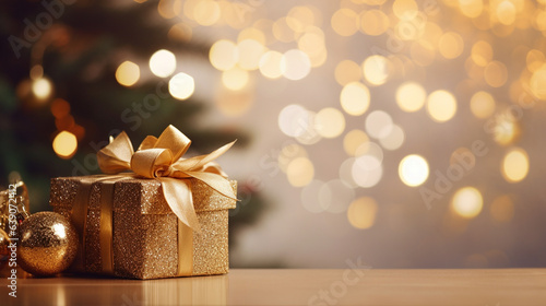 gift box on table with blur Christmas tree and golden festive bokeh light background for special holiday