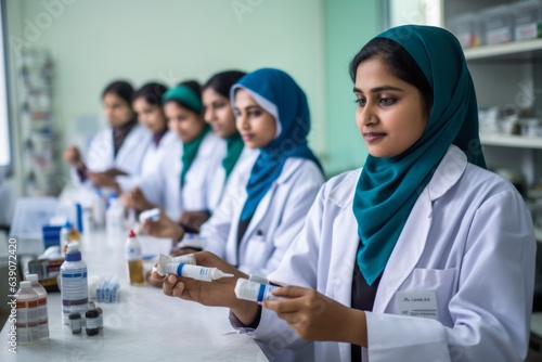 group of muslim medical students doing science experiments in the laboratory.