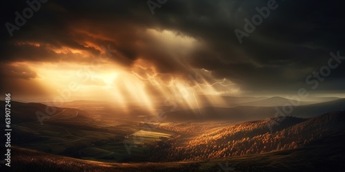Sun rays in the dark stormy sky © Coosh448