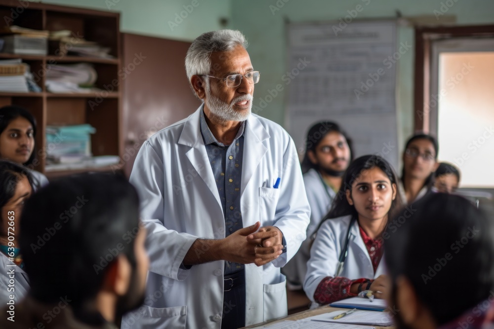 Unidentified Indian male doctor talking to a group of medical students in classroom. Unidentified Indian male doctor talking to a group of medical students in classroom.