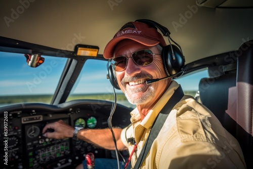 portrait of a smiling pilot in the cockpit of a small helicopter