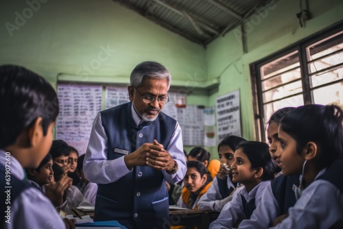 Indian teacher and students in classroom.