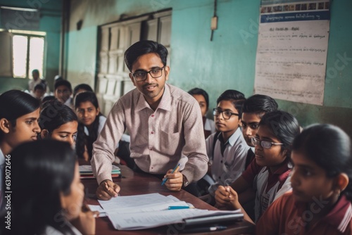 Unidentified teacher and students during lesson in school.