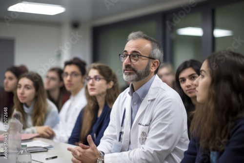 Portrait of a male doctor in front of a group of medical students