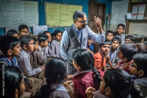 Indian teacher giving lesson to his students in the classroom.
