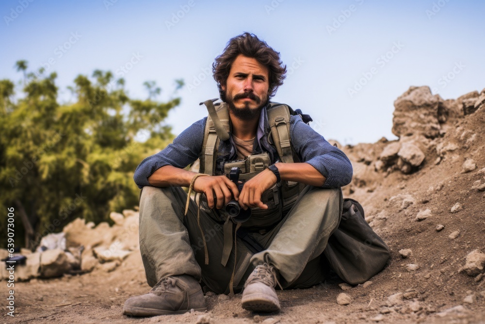 Handsome man with backpack and binoculars sitting in desert