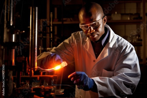 Young African-American man in a lab coat and glasses working on a welding torch.