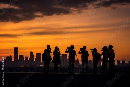 Silhouette of photographer taking photos of cityscape at sunset.