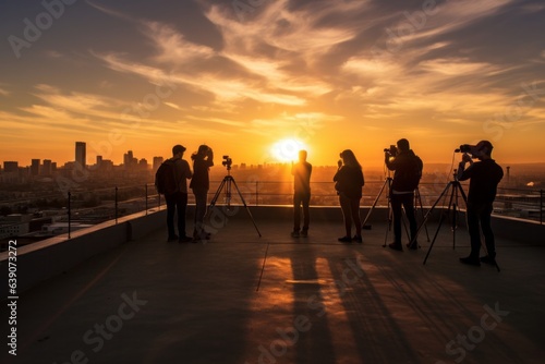 Silhouette of photographers on roof of cruise ship at sunset.