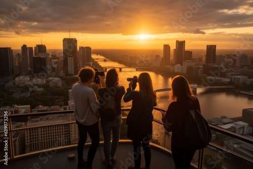 Tourists take pictures of the sunset in Bangkok.