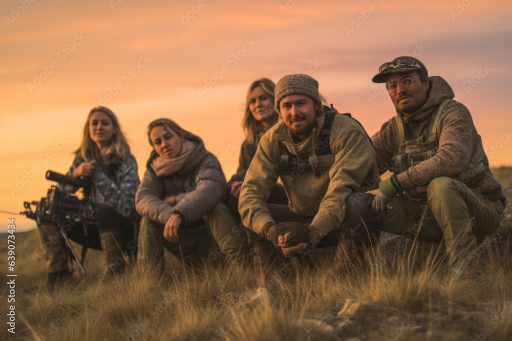 Group of friends sitting on the top of a mountain and watching sunset