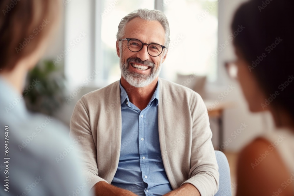 Smiling mature man in eyeglasses talking with female colleague in office Smiling mature man in eyeglasses talking with female colleague in office