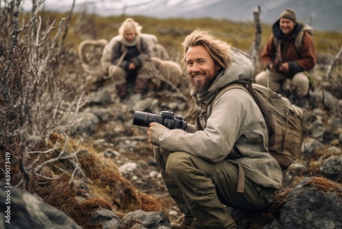 Photographer taking picture of group of hikers in the mountains. They are sitting on the rocks.