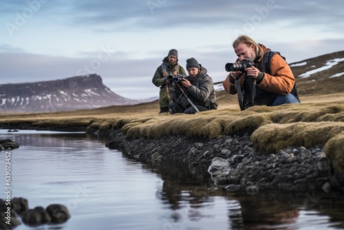 Photographer and photographer on the shore of a lake in Iceland.