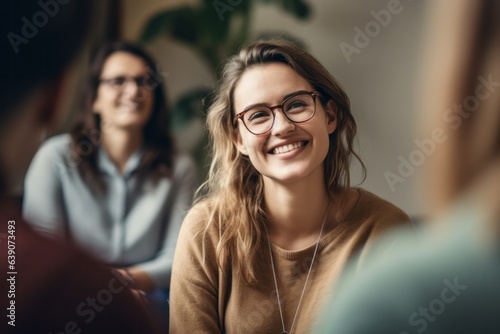 Smiling young woman in eyeglasses looking at camera during meeting